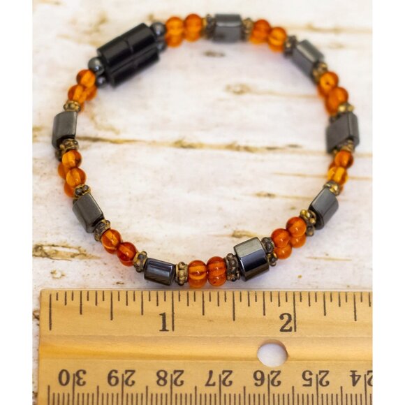 7 inch, Vintage Orange Beads Silver Tone Unique Magnetic Clasp Bracelet - B16 - Picture 3 of 3